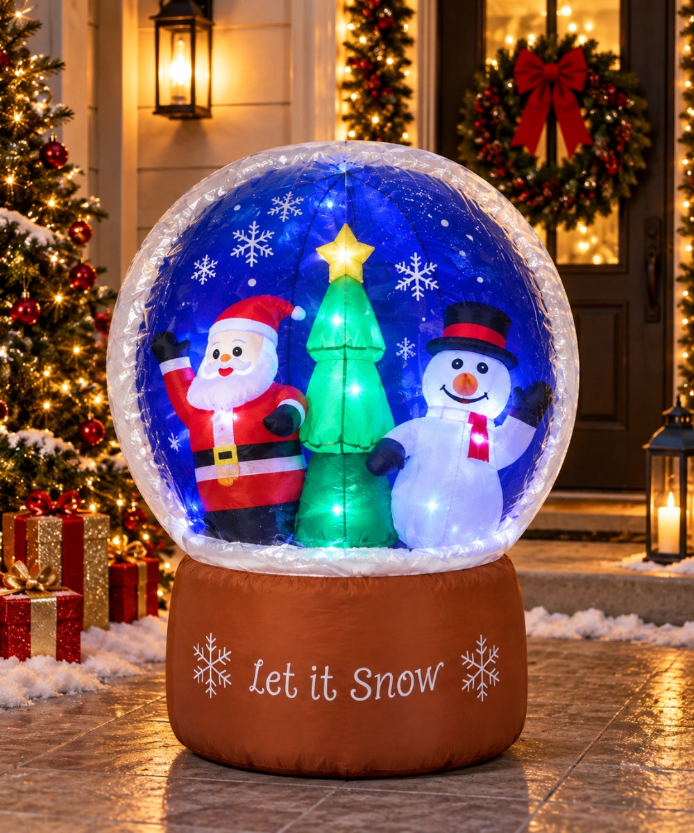 Inflable Navideño Globo de Nieve Azul con Santa, Muñeco de Nieve y Árbol 1.20 m