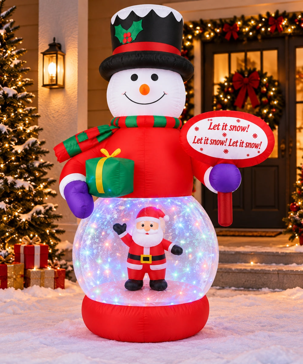 Inflable Navideño Muñeco de Nieve Rojo con Santa y Luces 2 Metros