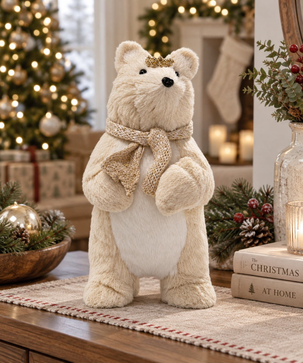Oso Navideño Decorativo Beige con Bufanda y Corona 14 x 30 cm