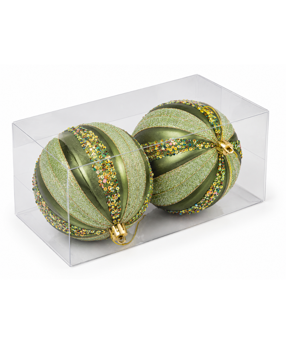 Bola Navideña Verde Set x2 de 12 cm con Escarcha y Lentejuelas