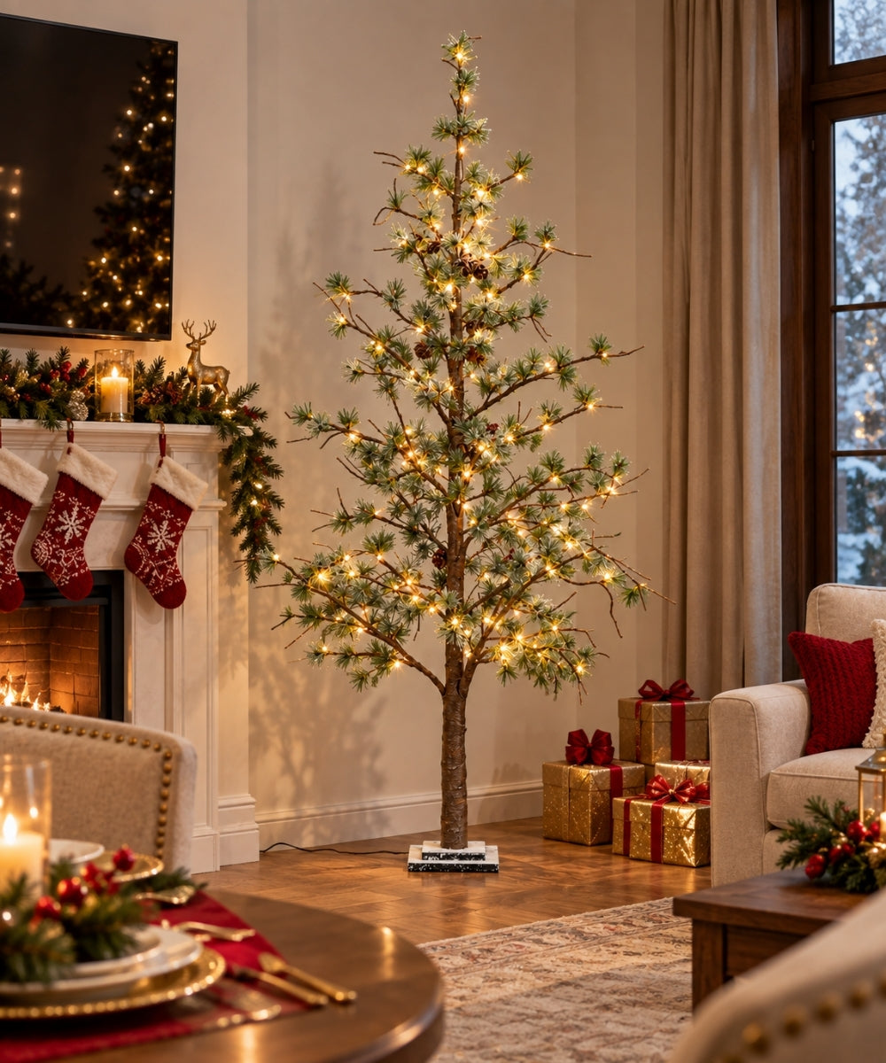 Árbol Navideño Decorativo de Ramas con Luces Cálidas y Piñas