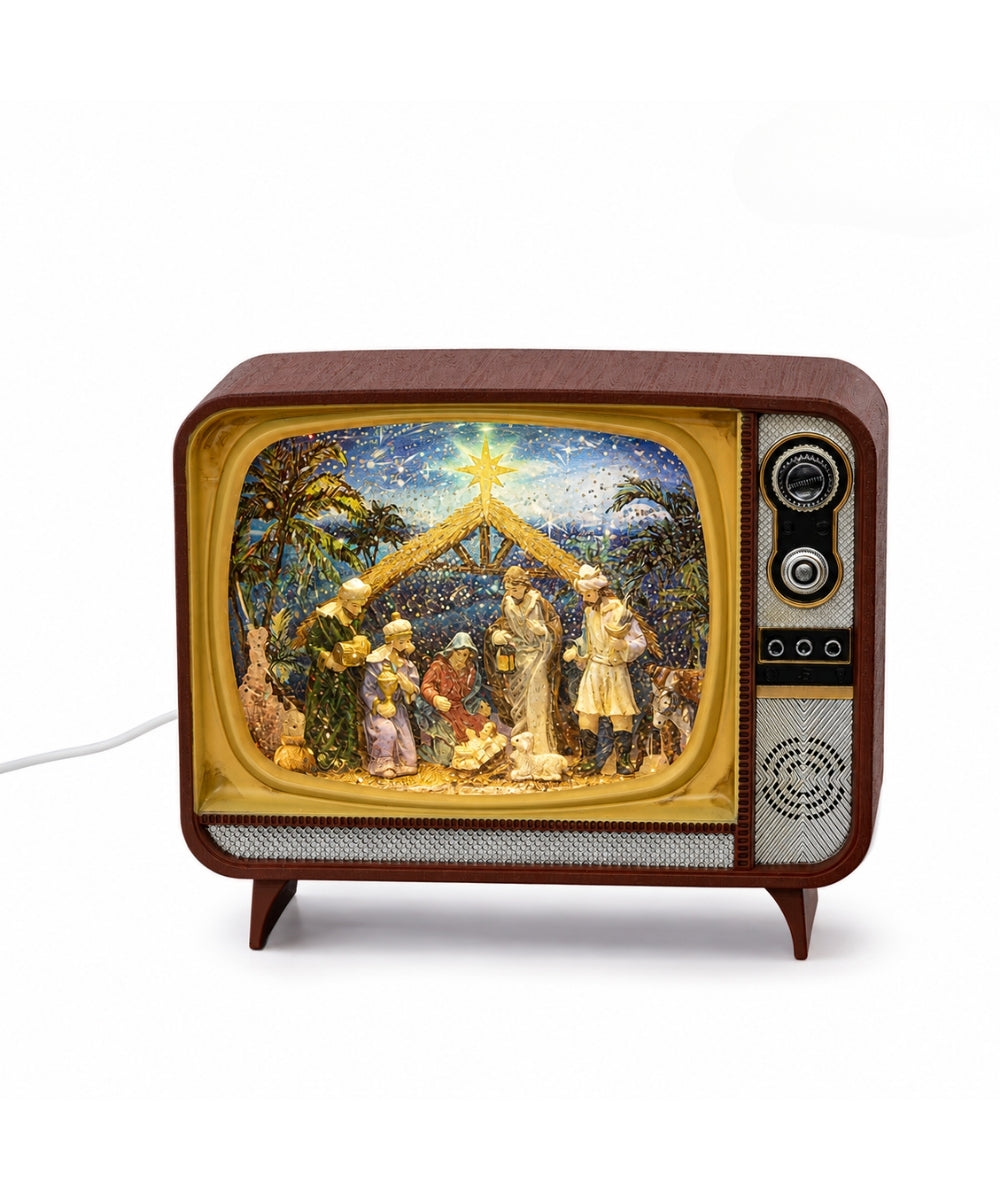Adorno Televisor Navideño Café y Dorado con Nacimiento 21x12x17 cm