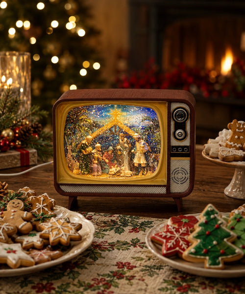 Adorno Televisor Navideño Café y Dorado con Nacimiento 21x12x17 cm