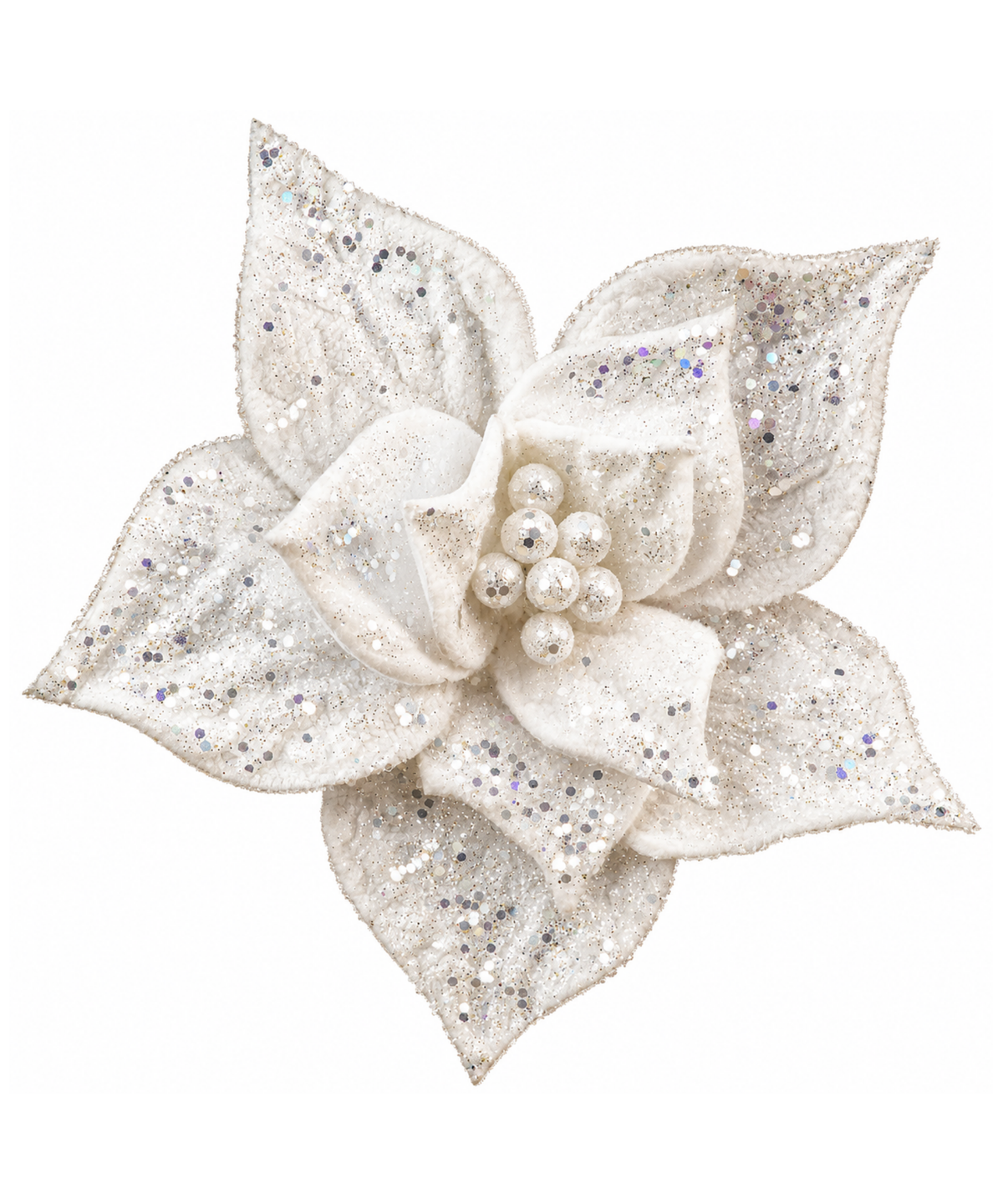 Flor Navideña Blanca con Brillos Plateados
