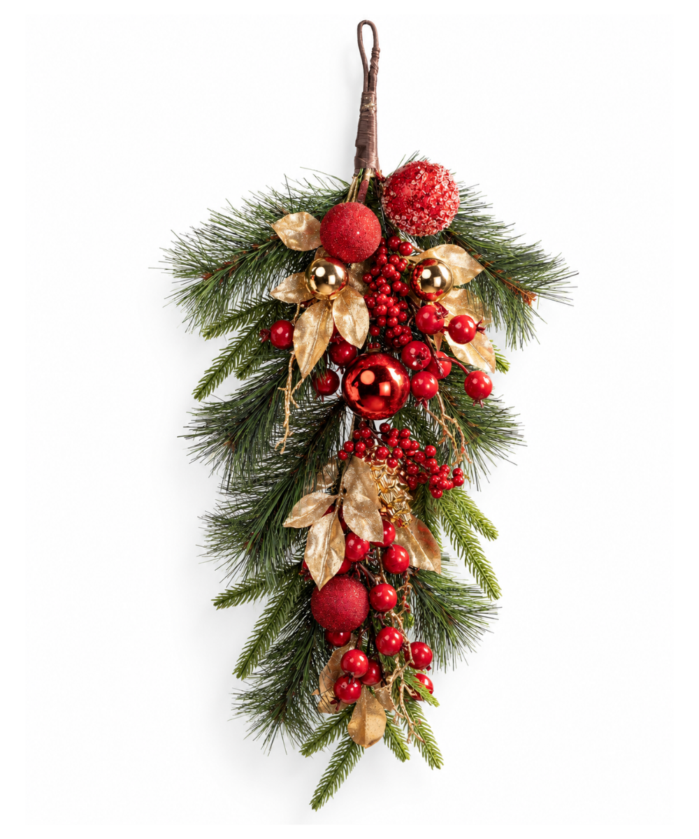 Follaje Navideño Verde con Berries Rojas 70 cm