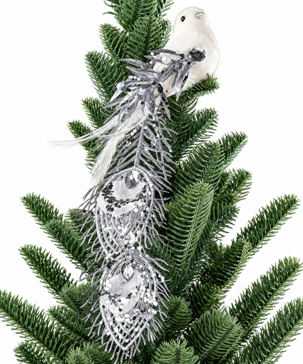 Pájaro Navideño Blanco y Plateado 30 cm