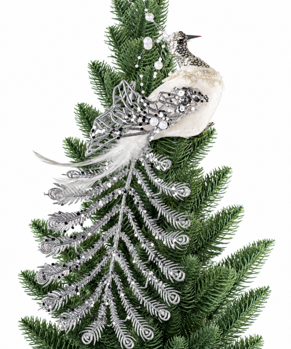 Pájaro Navideño Plateado con Cola Brillante 30 cm