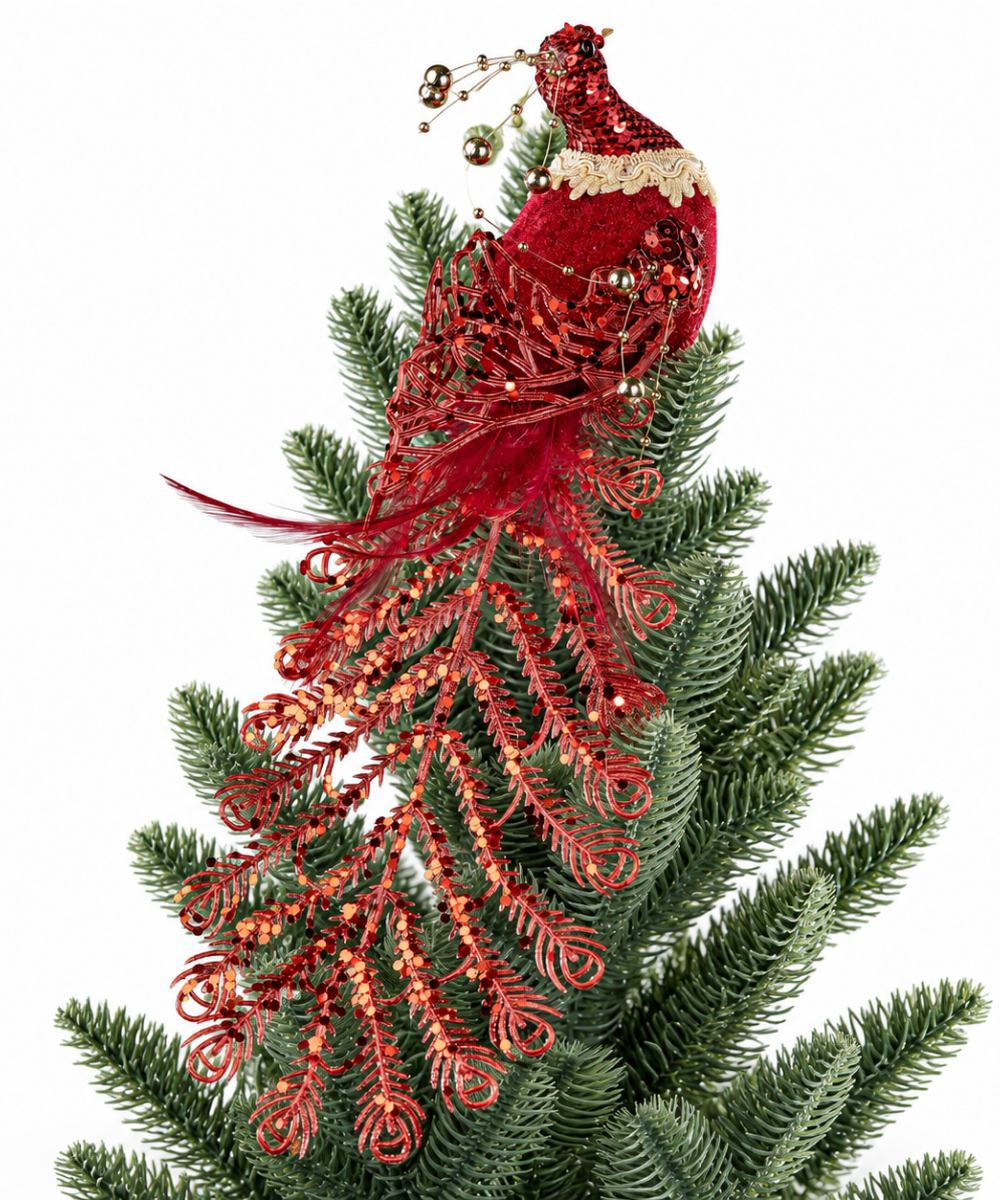 Pájaro Navideño Rojo con Cola Brillante 30 cm