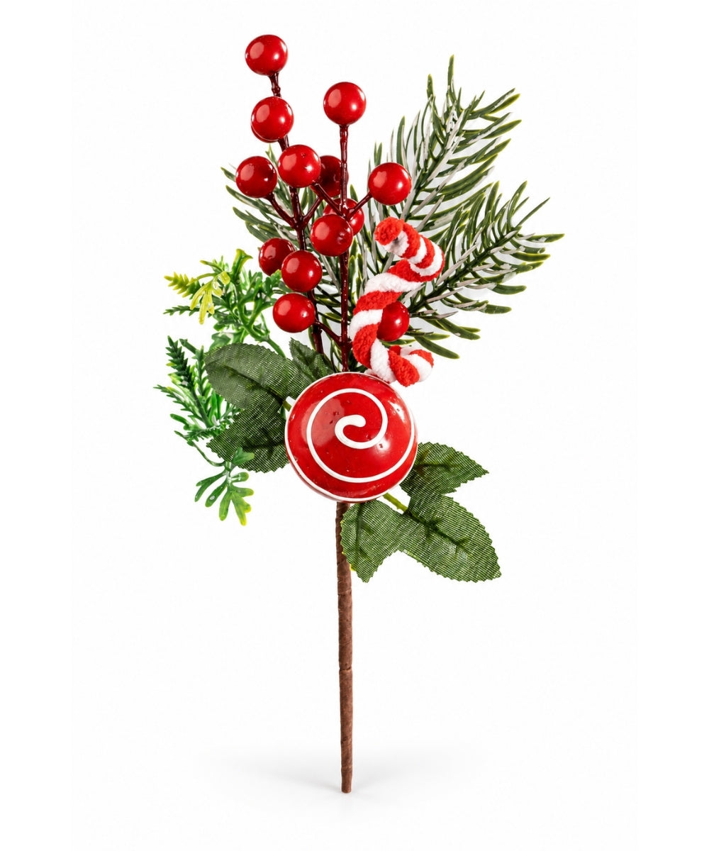 Follaje Navideño con Bayas, Dulce y Bastón 26 cm