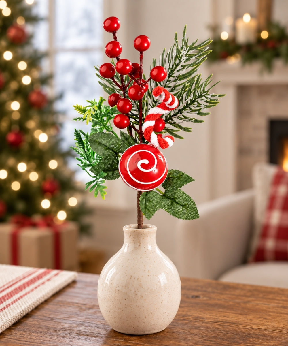Follaje Navideño con Bayas, Dulce y Bastón 26 cm