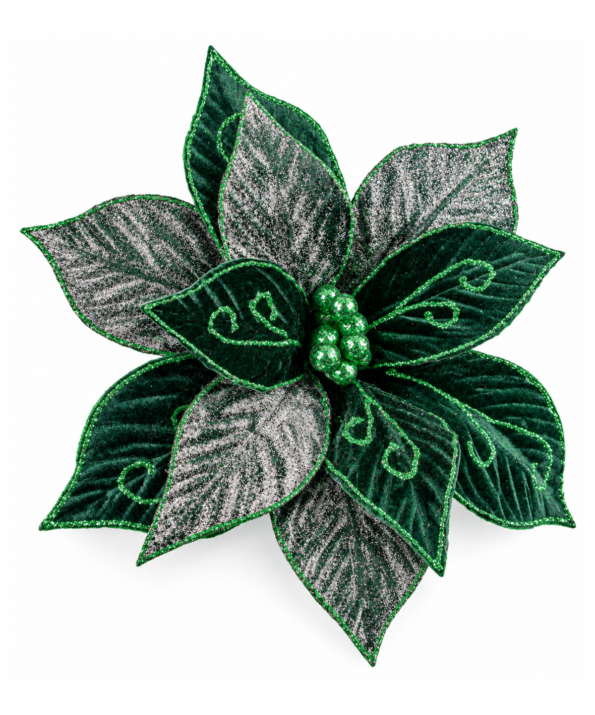 Flor Navideña Verde con Brillos Plateados