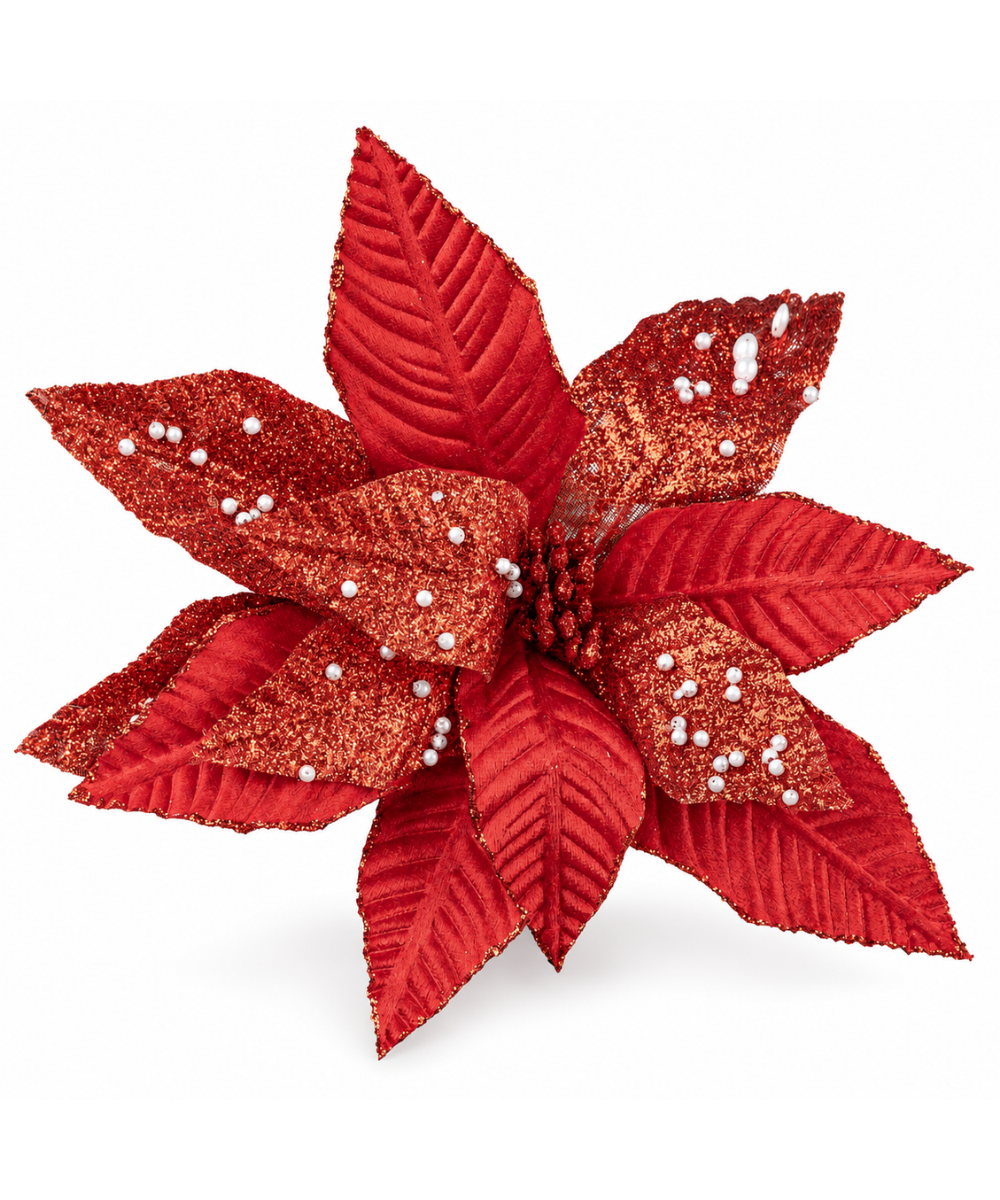 Flor Navideña Roja con Perlas y Brillo