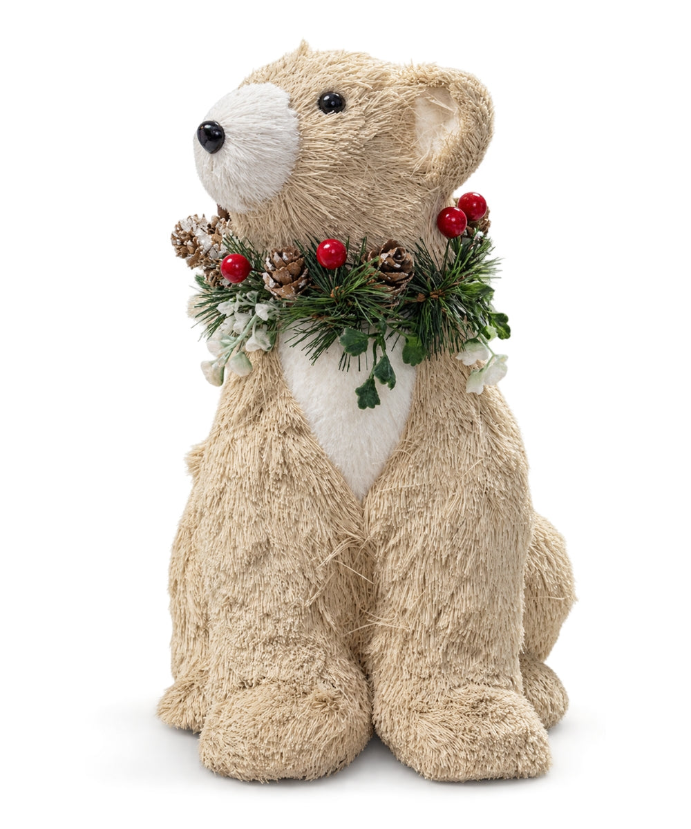 Oso Navideño Decorativo Beige con Follaje y Piñas 30 x 28 cm
