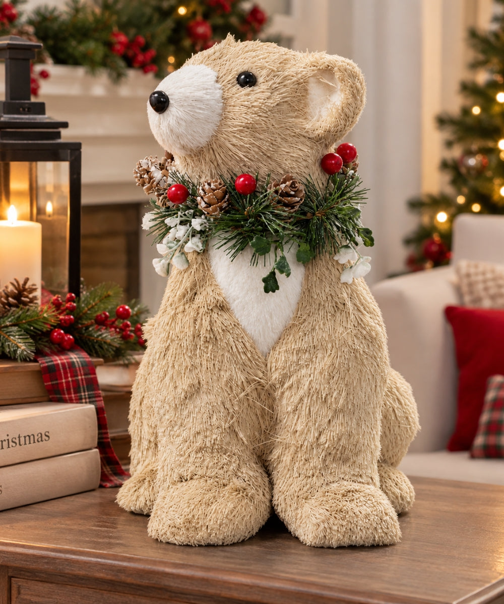 Oso Navideño Decorativo Beige con Follaje y Piñas 30 x 28 cm