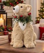 Oso Navideño Decorativo Beige con Follaje y Piñas 30 x 28 cm