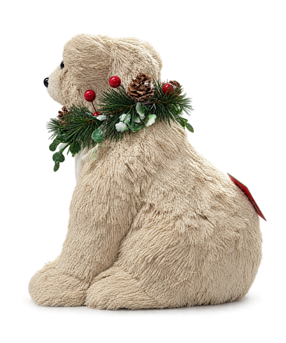 Oso Navideño Decorativo Beige con Follaje y Piñas 30 x 28 cm