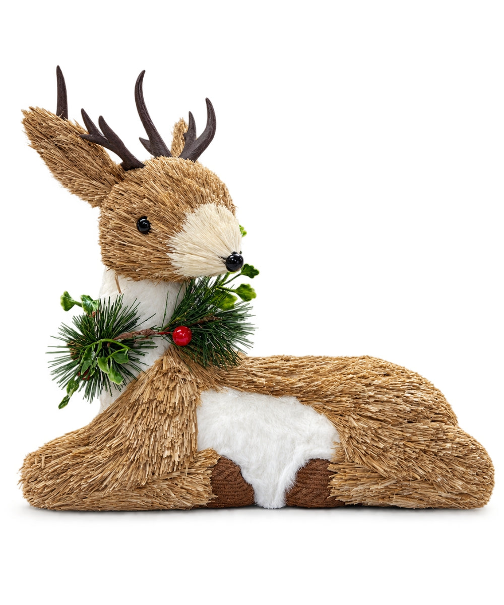 Reno Navideño Decorativo Beige 30 x 30 cm con Follaje Verde