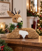 Reno Navideño Decorativo Beige 30 x 30 cm con Follaje Verde