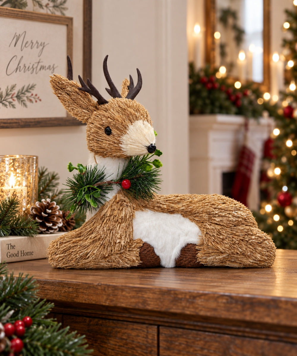 Reno Navideño Decorativo Beige 30 x 30 cm con Follaje Verde