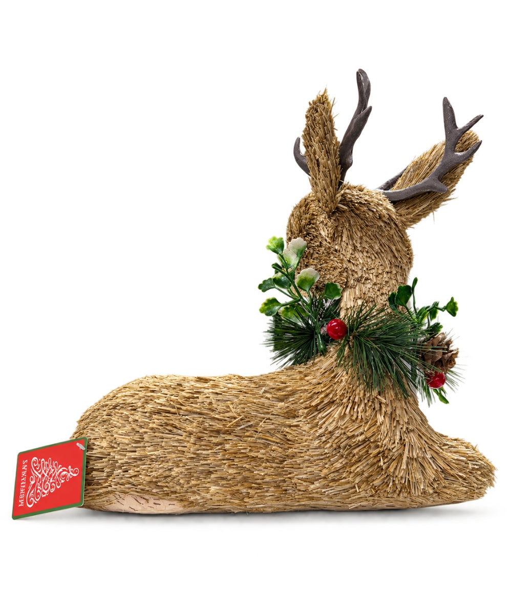 Reno Navideño Decorativo Beige 30 x 30 cm con Follaje Verde