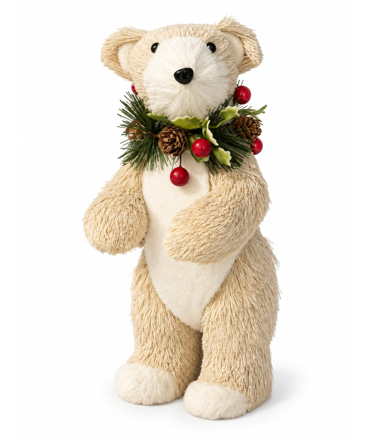 Oso Navideño Beige con Follaje, Piñas y Berries 23 x 8 cm