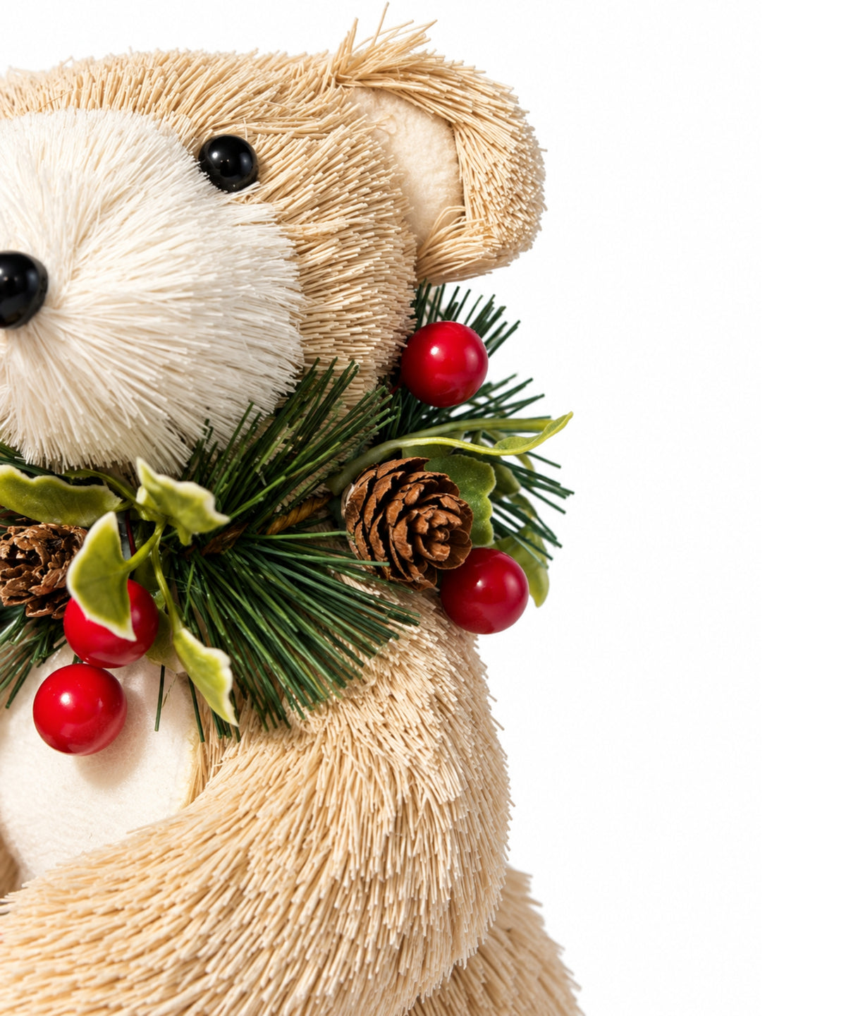 Oso Navideño Beige con Follaje, Piñas y Berries 23 x 8 cm