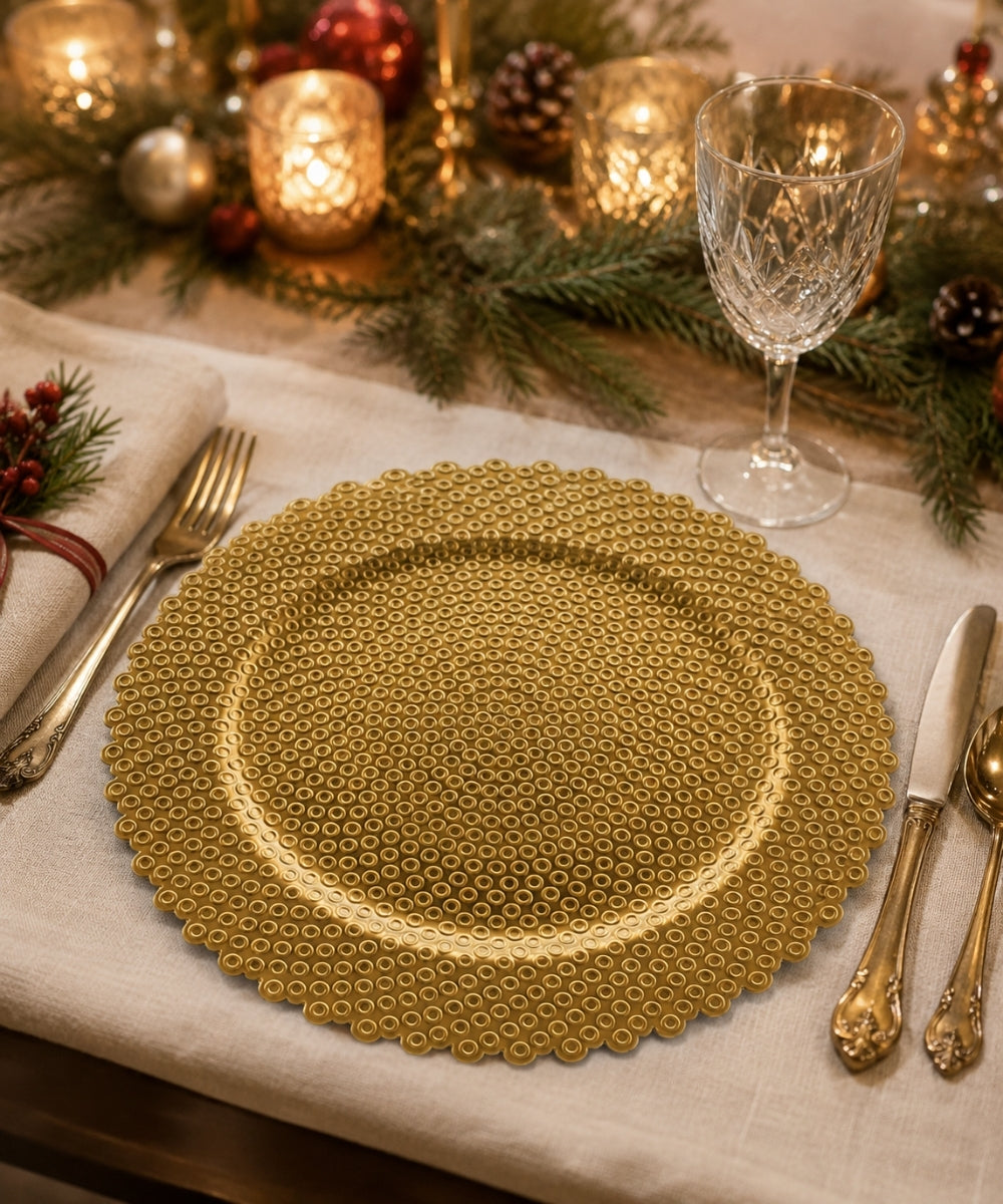 Plato Decorativo 33 cm Dorado con Puntos en Relieve Centro de Mesa Elegante