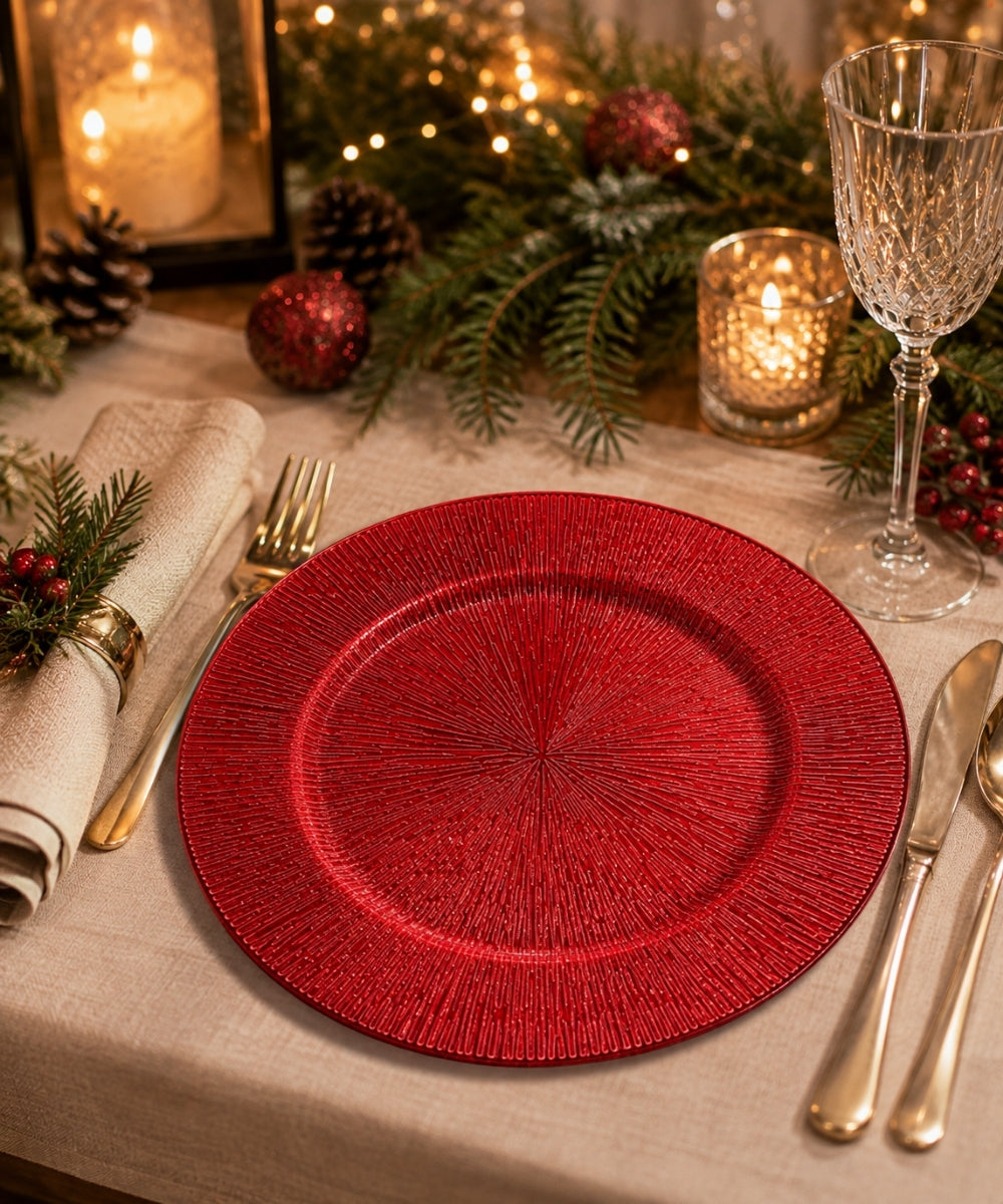 Plato Decorativo 33 cm Rojo con Relieve Centro de Mesa Navideño Elegante