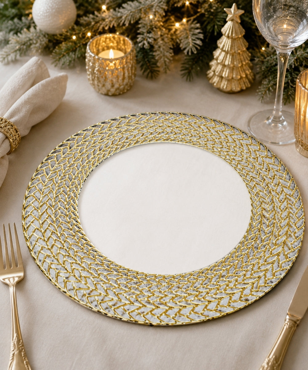 Plato de Vidrio 32 cm Borde Dorado Trenzado Centro de Mesa Elegante Decorativo