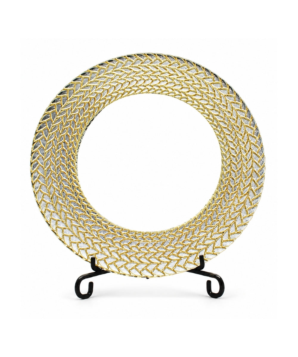Plato de Vidrio 32 cm Borde Dorado Trenzado Centro de Mesa Elegante Decorativo