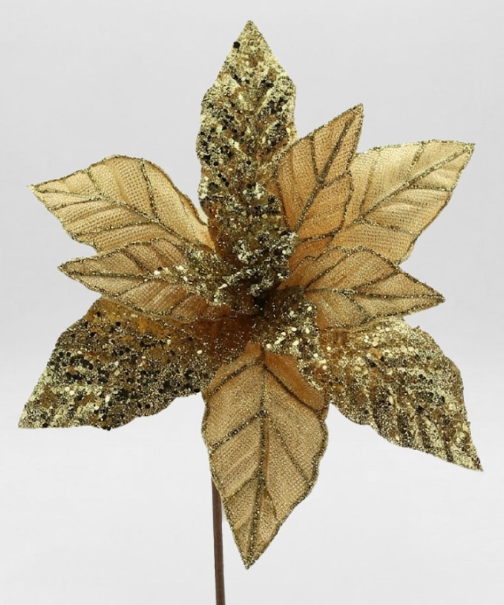 Poinsettia Dorada con Hojas Escarchadas 32 cm