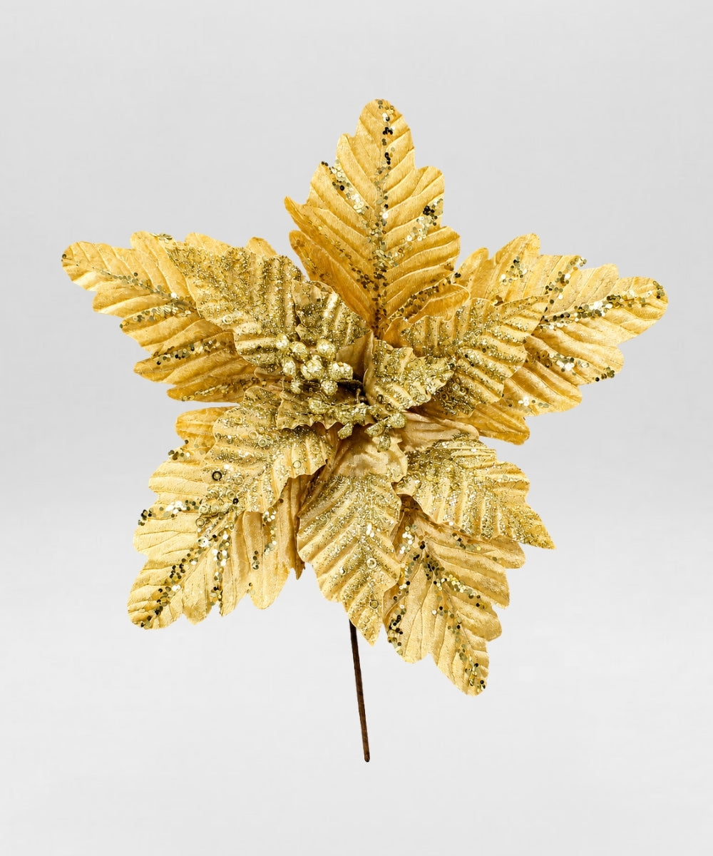 Poinsettia Dorada con Lentejuelas y Hojas 30x49 cm