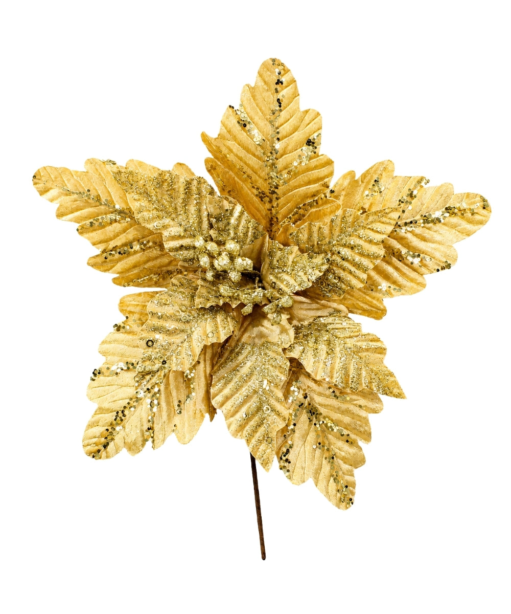Poinsettia Dorada con Lentejuelas y Hojas 30x49 cm