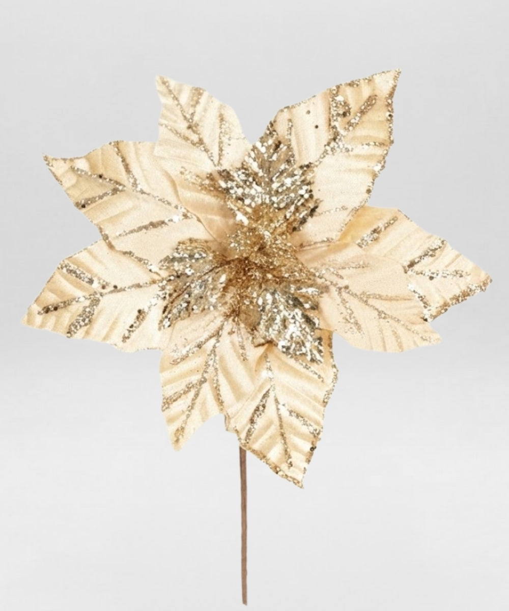 Poinsettia Hoja Gamuza con Línea Escarchada Champaña Dorado 28x32 cm