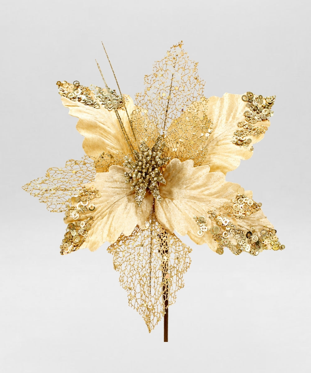 Poinsettia Dorada con Hoja de Malla y Punta de Lentejuela 30x25 cm