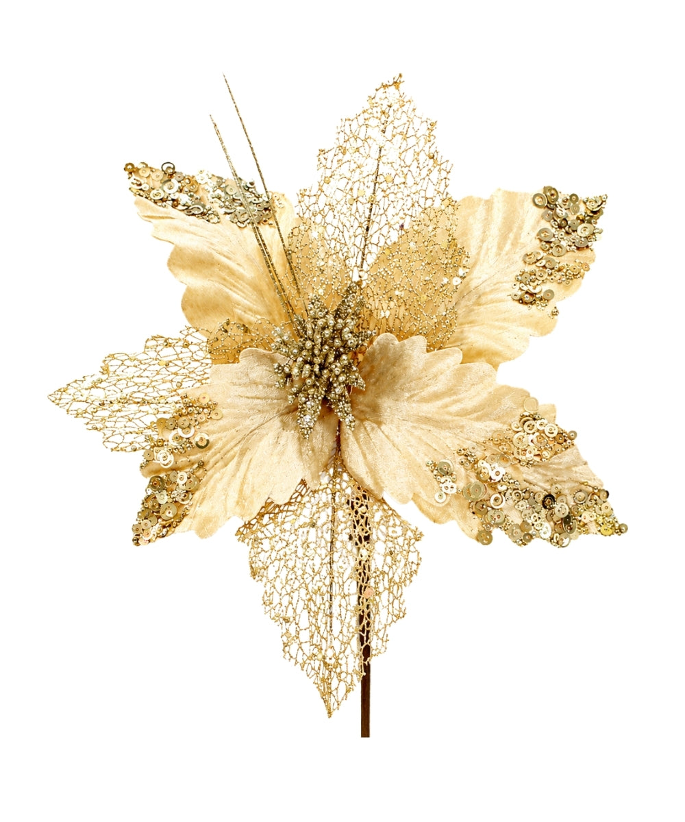 Poinsettia Dorada con Hoja de Malla y Punta de Lentejuela 30x25 cm