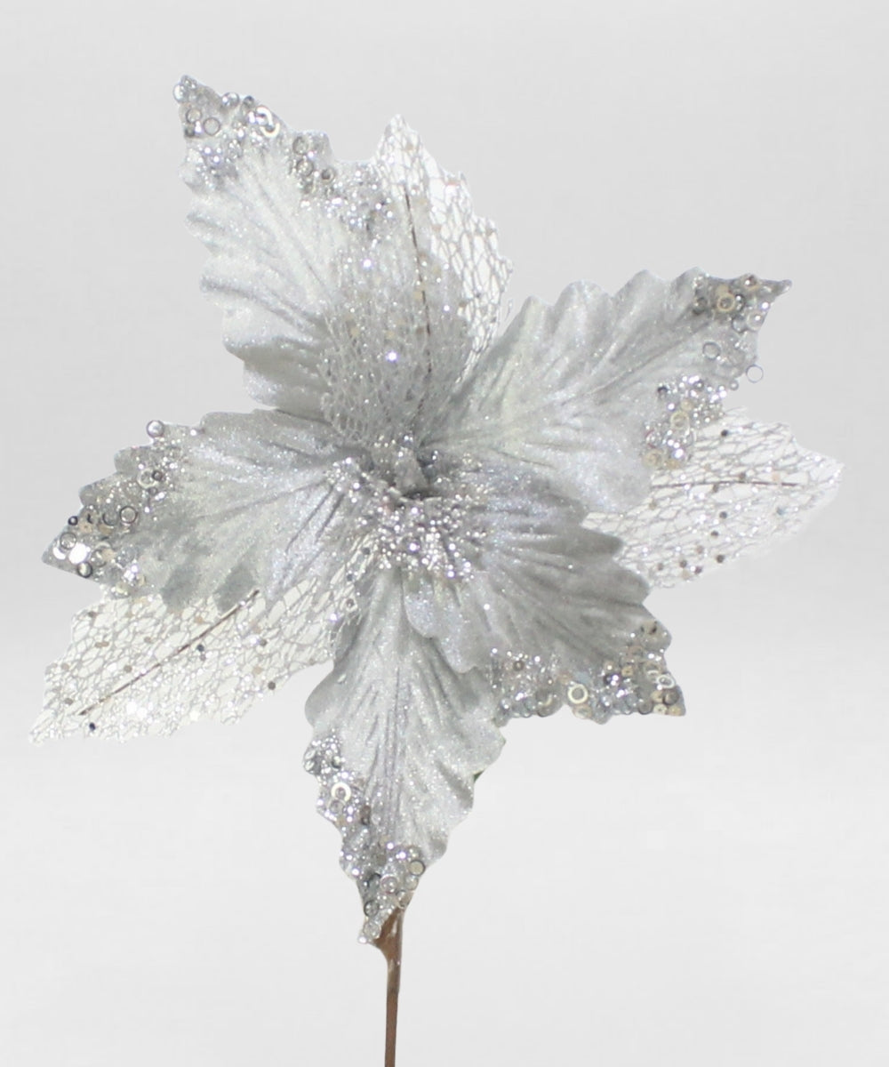 Poinsettia Hoja Malla con Punta de Lentejuela Plata 30x25 cm Flor Navideña Decorativa