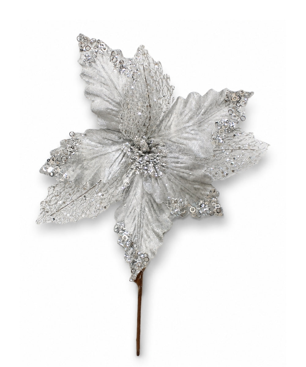 Poinsettia Hoja Malla con Punta de Lentejuela Plata 30x25 cm Flor Navideña Decorativa