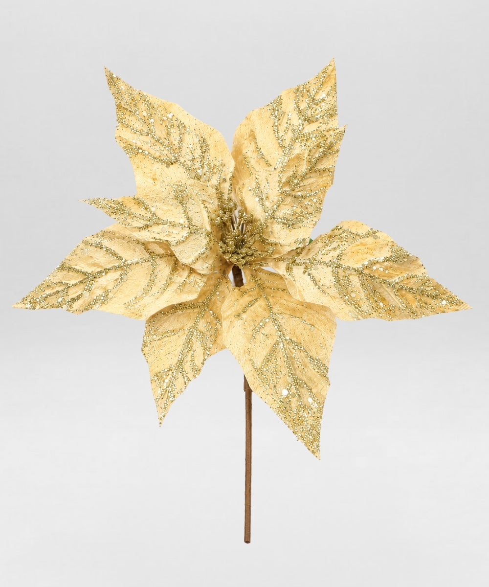 Poinsettia Dorada con Hoja Punta Escarchada 38x34 cm