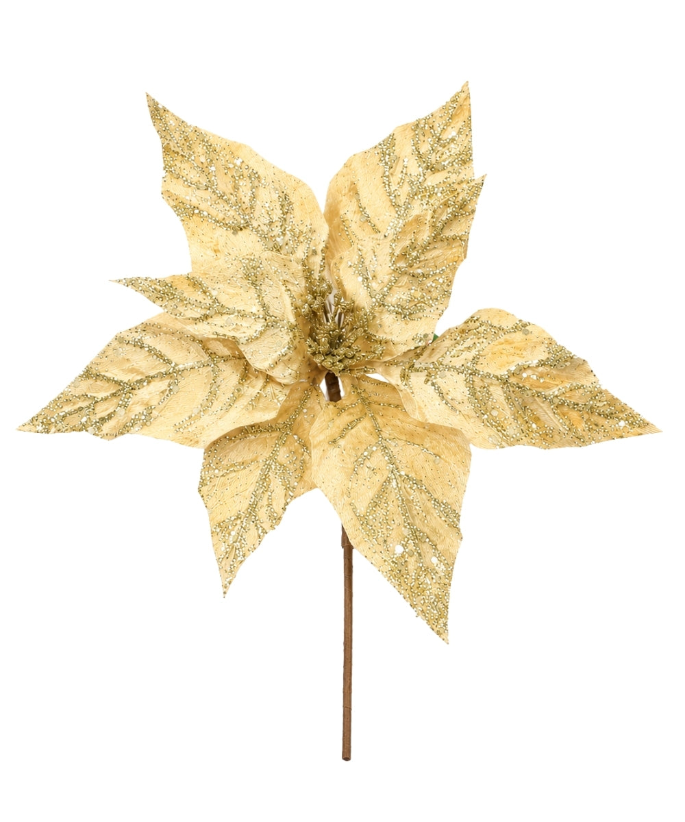 Poinsettia Dorada con Hoja Punta Escarchada 38x34 cm