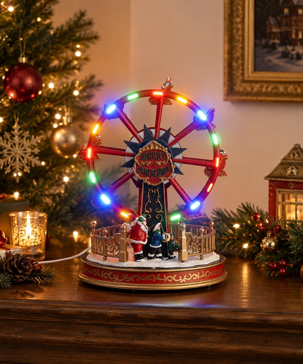 Parque Navideño USB Rojo y Dorado con Rueda Iluminada fondo