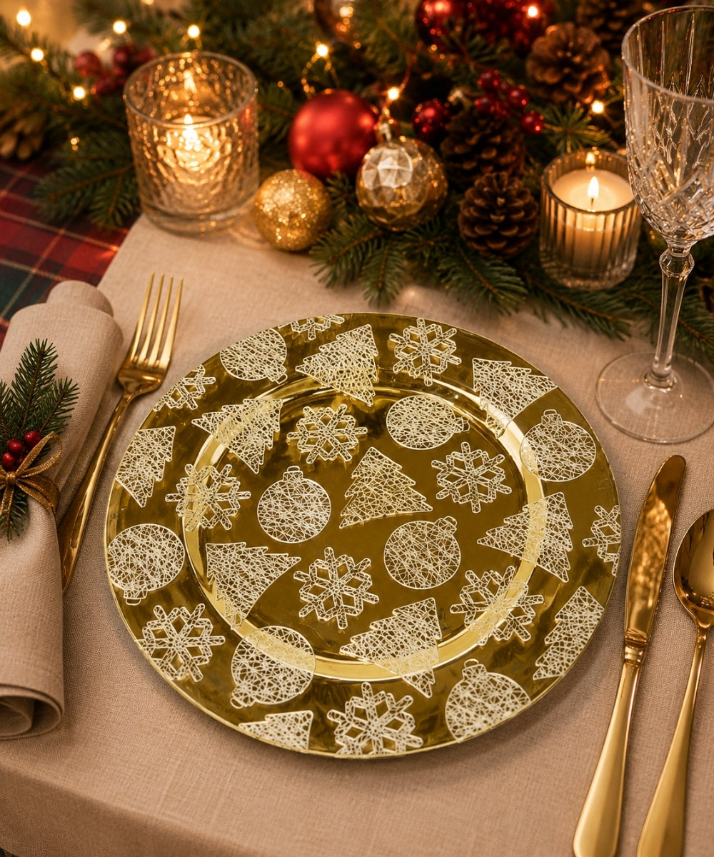 Plato Base Navideño Dorado con Árboles y Copos 33 cm