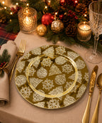 Plato Base Navideño Dorado con Árboles y Copos 33 cm