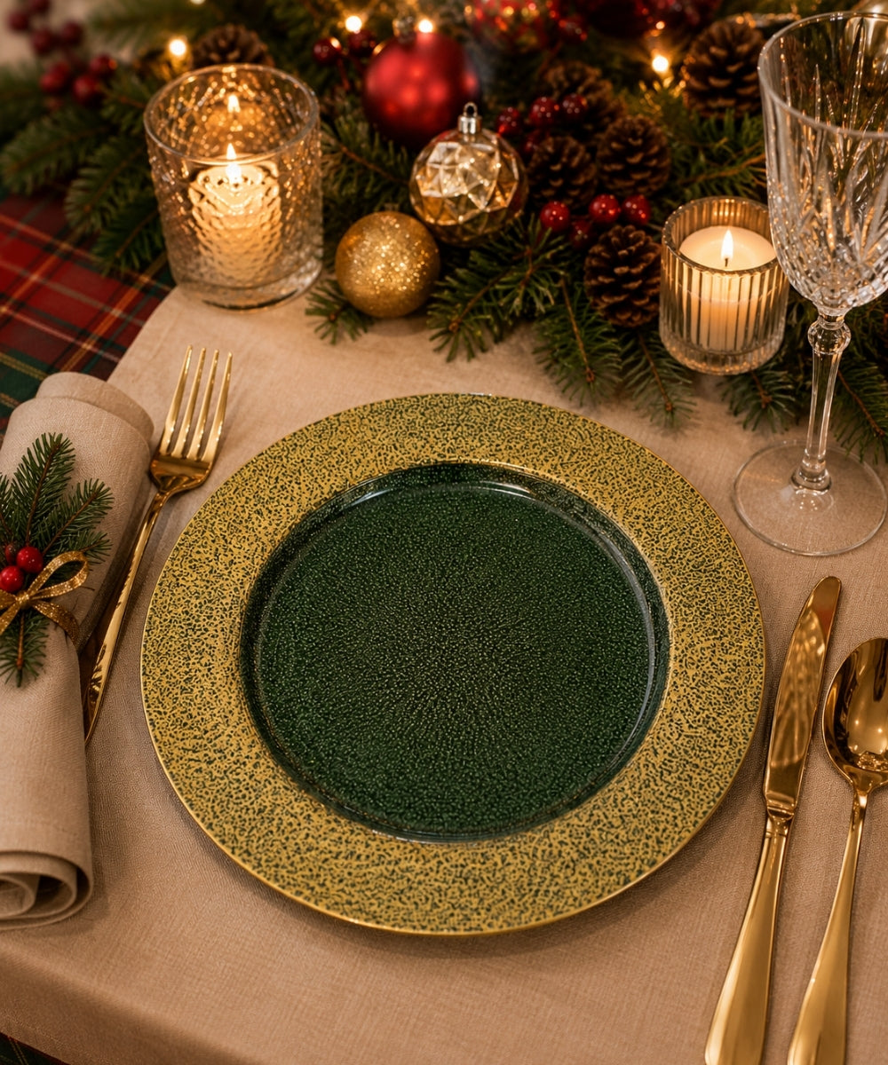 Plato Base Navideño Verde y Dorado 33 cm fondo