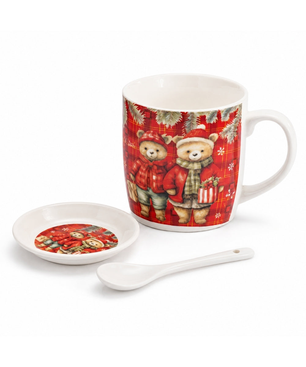 Pocillo Navideño Rojo con Plato y Cuchara – Diseño Surtido