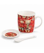 Pocillo Navideño Rojo con Plato y Cuchara – Diseño Surtido