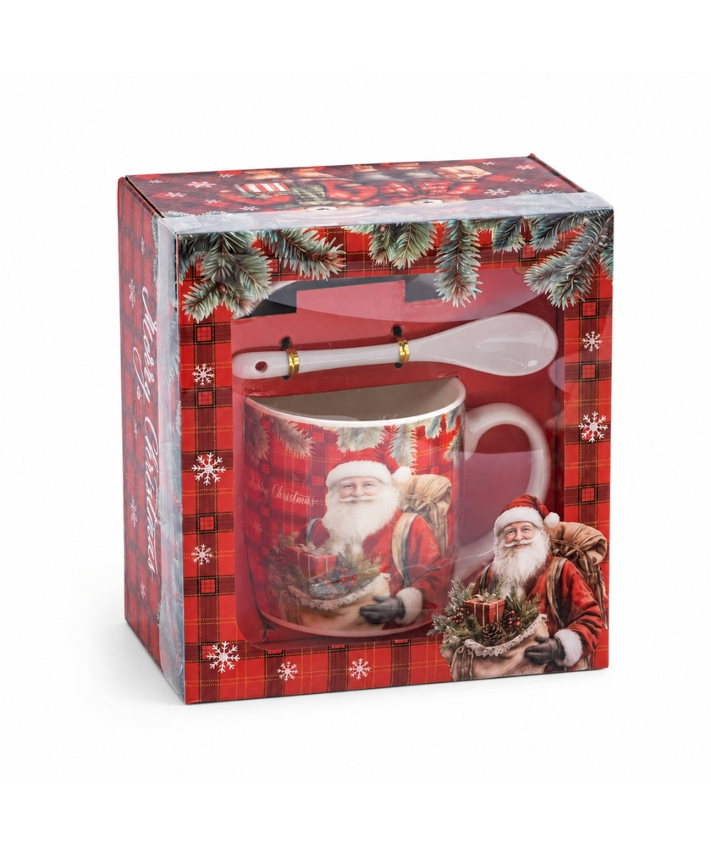 Pocillo Navideño Rojo con Plato y Cuchara – Diseño Surtido empaque