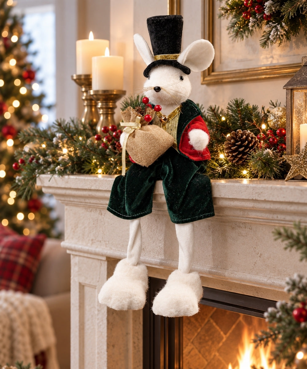 Ratón Navideño Decorativo 37 cm con Traje Verde y Sombrero