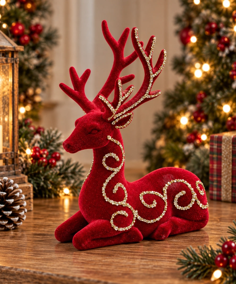 Reno Navideño Decorativo Rojo 19 x 25 cm con Detalles Dorados