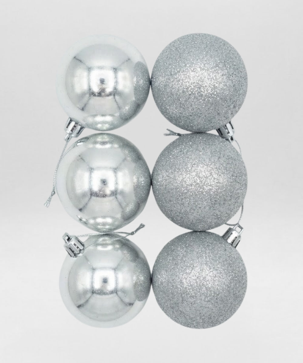 Set x6 Bolas Navideñas 10 cm Plateado Brillante y Escarchado Esferas para Árbol de Navidad